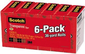 Scotch 600-6PK Transparent Glossy Tape, 3/4" x 1296", 1" Core, Clear, 6/Box