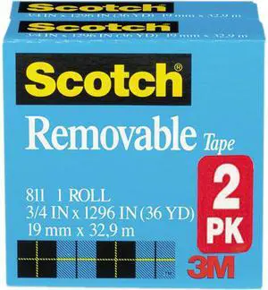 Scotch 811-2PK Removable Tape 811-2PK, 3/4" x 1296", 1" Core, 2 Rolls