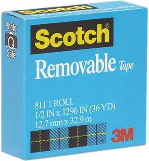 Scotch 811-12-1296 Removable Tape, 1/2" x 1296", 1" Core