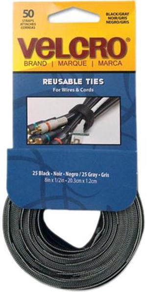 Velcro 90924 Reusable Self-Gripping Ties, 1/2 x Eight Inches, Black/Gray, 50 Ties/Pack