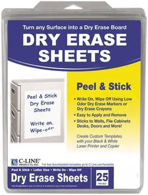 C-line 57911 Self-Stick Dry Erase Sheets, 8 1/2 x 11, White, 25 Sheets/Box