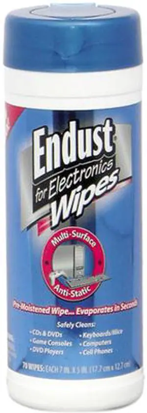 Endust 259-000(END) Antistatic Premoistened Wipes for Electronics, Cloth, 5 1/2 x 7, 70/Tub