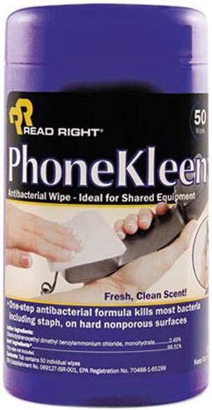 Read Right RR1403 PhoneKleen Wet Wipes, Cloth, 5 x 6, 50 per Tub