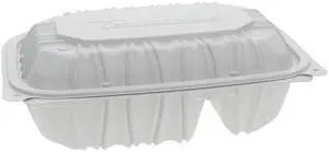 Pactiv EarthChoice Vented Microwavable MFPP Hinged Lid Container, 2-Compartment, 9 x 6 x 3.1, White, Plastic, 170/Carton YCNW02052