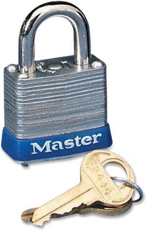 Master Lock                              Four-Pin Tumbler Lock, Laminated Steel Body, 1-1/2" Wide, Silver/Blue, Two Keys