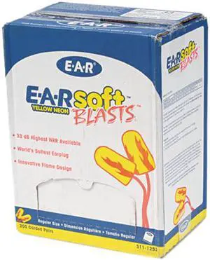 E·A·R 311-1252 E-A-Rsoft Blasts Ear Plugs, Corded, Foam, Yellow Neon, 200 Pairs/Box