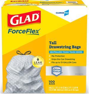 Glad ForceFlex Tall Kitchen Drawstring Trash Bags, 13 gal, 0.72 mil, 23.75" x 24.88", Gray, 100/Box CLO70427