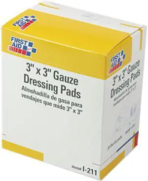 First Aid Only I-211 Gauze Dressing Pads, 3 x 3, 10/Box