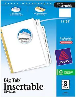 Avery 11124 WorkSaver Big Tab Dividers, Clear Tabs, 8-Tab, Letter, White, 1/Set
