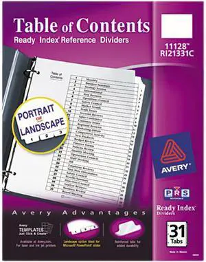 Avery 11128 Customizable Table of Contents Dividers, Ready Index Printable Section Titles, Preprinted 1-31 White Tabs, 1 Set (11128)