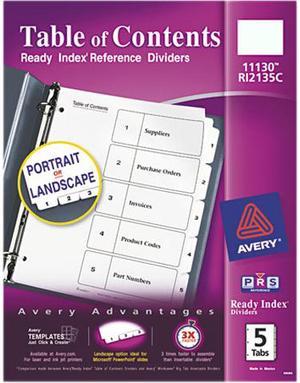 Avery 11130 Ready Index Classic Tab Titles, 5-Tab, 1-5, Letter, White, 5/Set