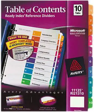 Avery 11135 Ready Index Contemporary Table of Contents Divider, 1-10, Multi, Letter