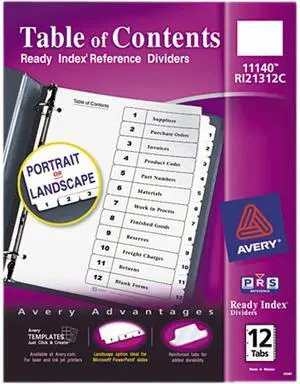 Avery 11140 Ready Index Classic Tab Titles, 12-Tab, 1-12, Letter, Black/White, 12/Set