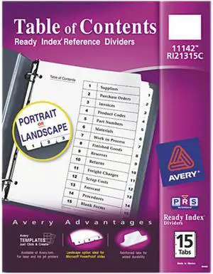 Avery 11142 Ready Index Classic Tab Titles, 15-Tab, 1-15, Letter, Black/White, 15/Set