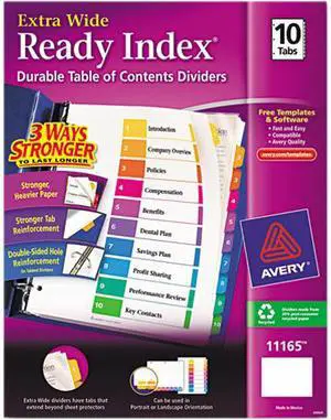 Avery 11165 Extra-Wide Ready Index Dividers, 10-Tab, 9 1/2 x 11, Assorted, 10/Set