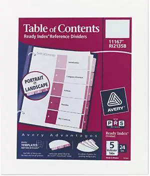 Avery 11167 Ready Index Table/Contents Dividers, 5-Tab, Letter, Assorted, 24 Sets/Box