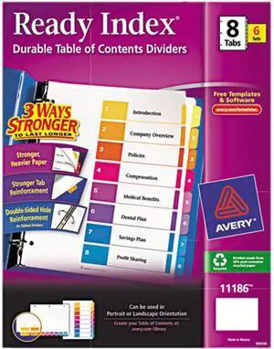 Avery 11186 Ready Index 8-Tab Binder Dividers, Customizable Table of Contents, Multicolor Tabs, 6 Sets (11186)