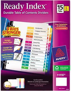 Avery 11197 Ready Index 15-Tab Binder Dividers, Customizable Table of Contents, Multicolor Tabs, 6 Sets (11197)