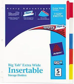 Avery 11220 WorkSaver Big Tab Extrawide Dividers w/Five Multicolor Tabs, 9 x 11, White