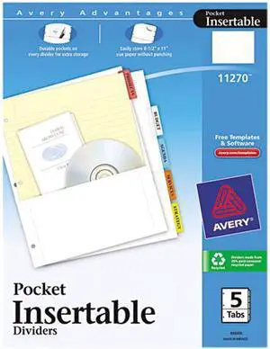 Avery 11270 WorkSaver Pocket Dividers w/Five Insertable Multicolor Tabs, 5/Set