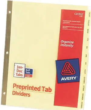 Avery 11307 Gold Reinforced Laminated Tab Dividers, 12-Tab, Months, Letter, Buff, 12/Set
