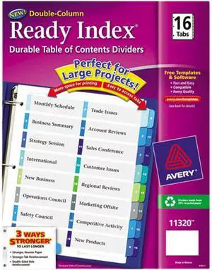 Avery AVE11320 Ready Index Customizable Table of Contents Double Column Dividers, 16-Tab, Ltr