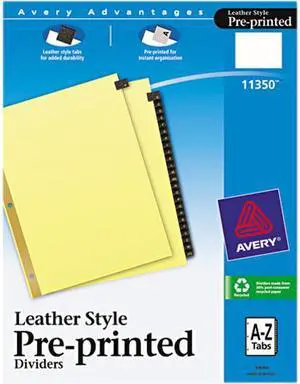 Avery 11350 Gold Reinforced Leather Tab Dividers, 25-Tab, A-Z, Letter, Black, 25/Set