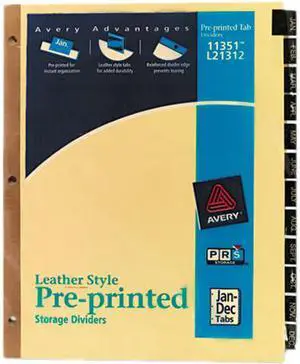 Avery 11351 Gold Reinforced Leather Tab Dividers, 12-Tab, Jan-Dec, Letter, Black, 12/Set