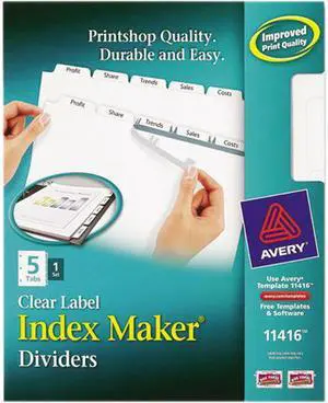 Avery 11416 Index Maker Clear Label Dividers, 5-Tab, Letter, White