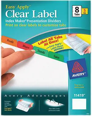 Avery 11419 Print & Apply Clear Label Dividers, Printable Label Strip, 8 Multicolor Tabs, 5 Sets