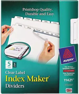 Avery 11421 Index Maker White Dividers For Copiers, 5-Tab, Letter, Clear, 5 Sets/Pack
