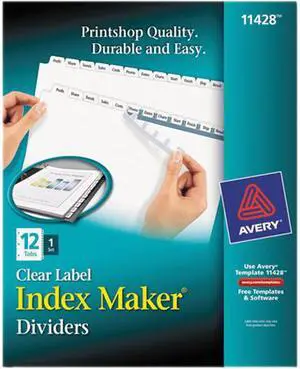 Avery 11428 Print & Apply Clear Label Dividers, Index Maker Easy Apply Printable Label Strip, 12 White Tabs (11428)