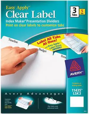 Avery 11435 Print & Apply Clear Label Dividers, Index Maker Easy Apply Printable Label Strip, 3 White Tabs, 5 Sets (11435)