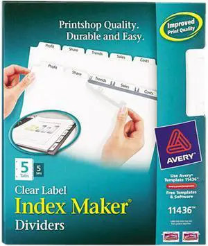 Avery 11436 Print & Apply Clear Label Dividers, Index Maker Easy Apply Printable Label Strip, 5 White Tabs, 5 Sets (11436)