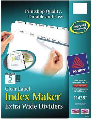 Avery 11438 Print & Apply Clear Label Extra-Wide Dividers, Index Maker Easy Apply Printable Label Strip, 5 White Tabs (11438)