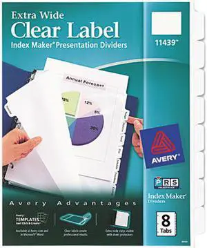 Avery 11439 Print & Apply Clear Label Extra-Wide Dividers, Index Maker Easy Apply Printable Label Strip, 8 White Tabs (11439)