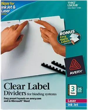 Avery 11442 Index Maker Clear Label Unpunched Divider, 3-Tab, Letter, White, 25 Sets