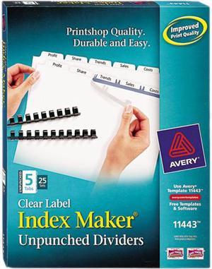 Avery 11443 Index Maker Clear Label Unpunched Divider, 5-Tab, Letter, White, 25 Sets
