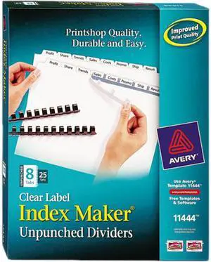 Avery 11444 Print & Apply Clear Label Unpunched Dividers, Index Maker Easy Apply Printable Label Strip, 8 White Tabs, 25 Sets