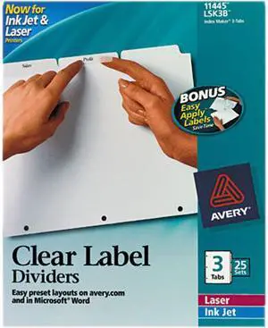 Avery Print & Apply Clear Label Dividers, Index Maker Easy Apply Printable Label Strip, 3 White Tabs, 25 Sets (11445)