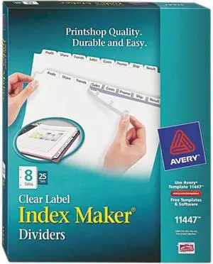 Avery 11447 Print & Apply Clear Label Dividers, Index Maker Easy Apply Printable Label Strip, 8 White Tabs, 25 Sets (11447)