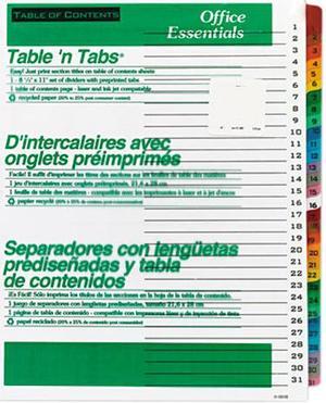 Avery 11681 Office Essentials Table 'N Tabs Dividers, 31 Multicolor Tabs, 1-31, Letter, Set