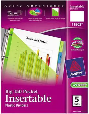 Avery 11902 WorkSaver Big Tab Plastic Dividers, Slash Pocket, 5-Tab, Letter, Assorted
