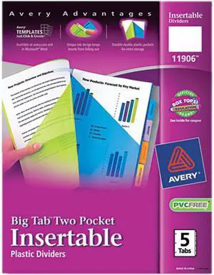 Avery 11906 WorkSaver Big Tab Plastic Dividers, Two Slash Pockets, 5-Tab, Assorted, 1 Pack