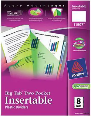 Avery 11907 WorkSaver Big Tab Plastic Dividers, Two Slash Pockets, 8-Tab, Assorted, 1 Pack