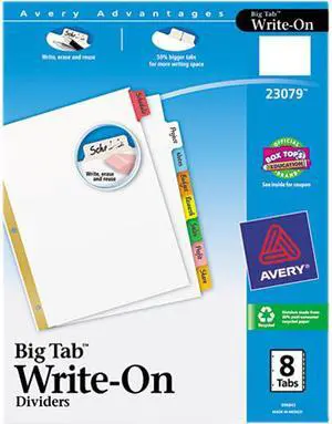 Avery 23079 Big Tab Write-On Dividers w/Erasable Laminated Tabs, Clear, Set of 8