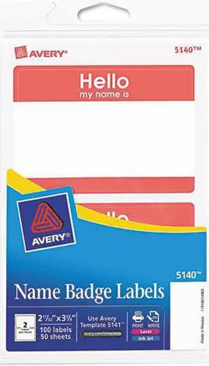 Avery 5140 Print/Write Self-Adhesive Name Badges, 2-11/32 x 3-3/8, Red, 100/Pack