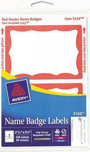 Avery 5143 Print/Write Self-Adhesive Name Badges, 2-11/32 x 3-3/8, Red, 100/Pack