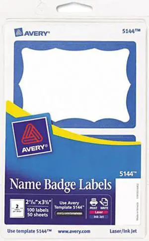 Avery 5144 Print/Write Self-Adhesive Name Badges, 2-11/32 x 3-3/8, Blue, 100/Pack