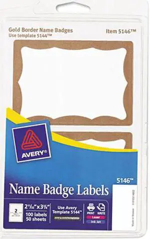 Avery 5146 Print/Write Self-Adhesive Name Badges, 2-11/32 x 3-3/8, Gold, 100/Pack